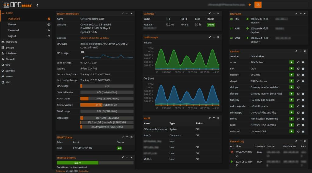 OPNsense dashboard view