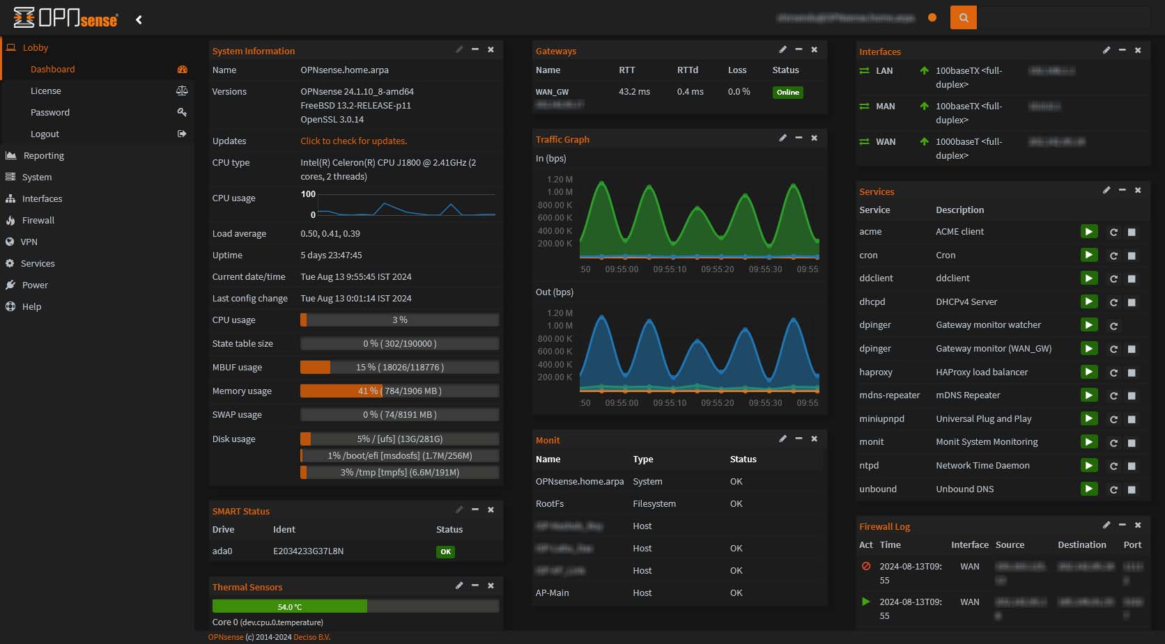 OPNsense dashboard view